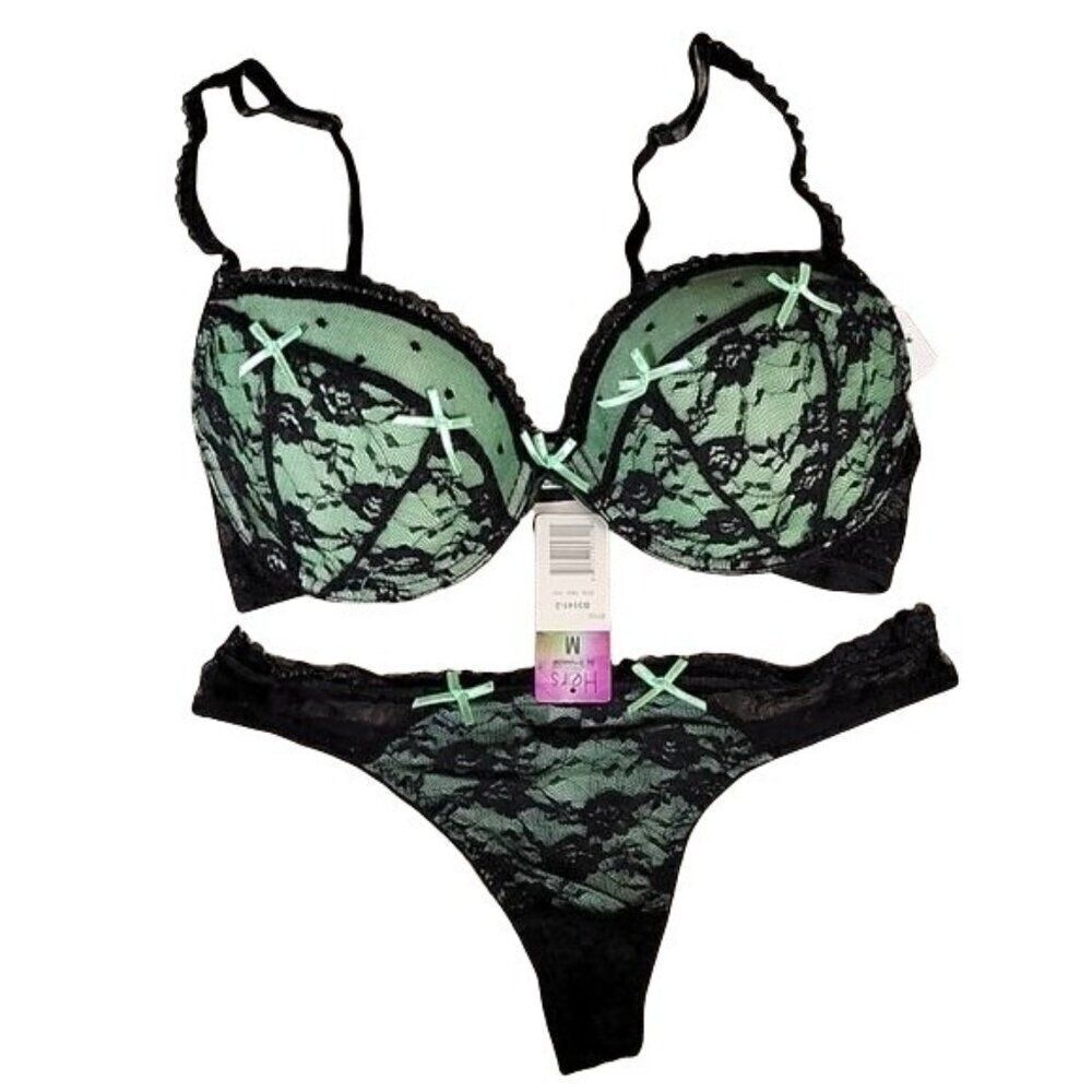 Hers by Herman Black Lace Bra & Thong Set Sz 34C